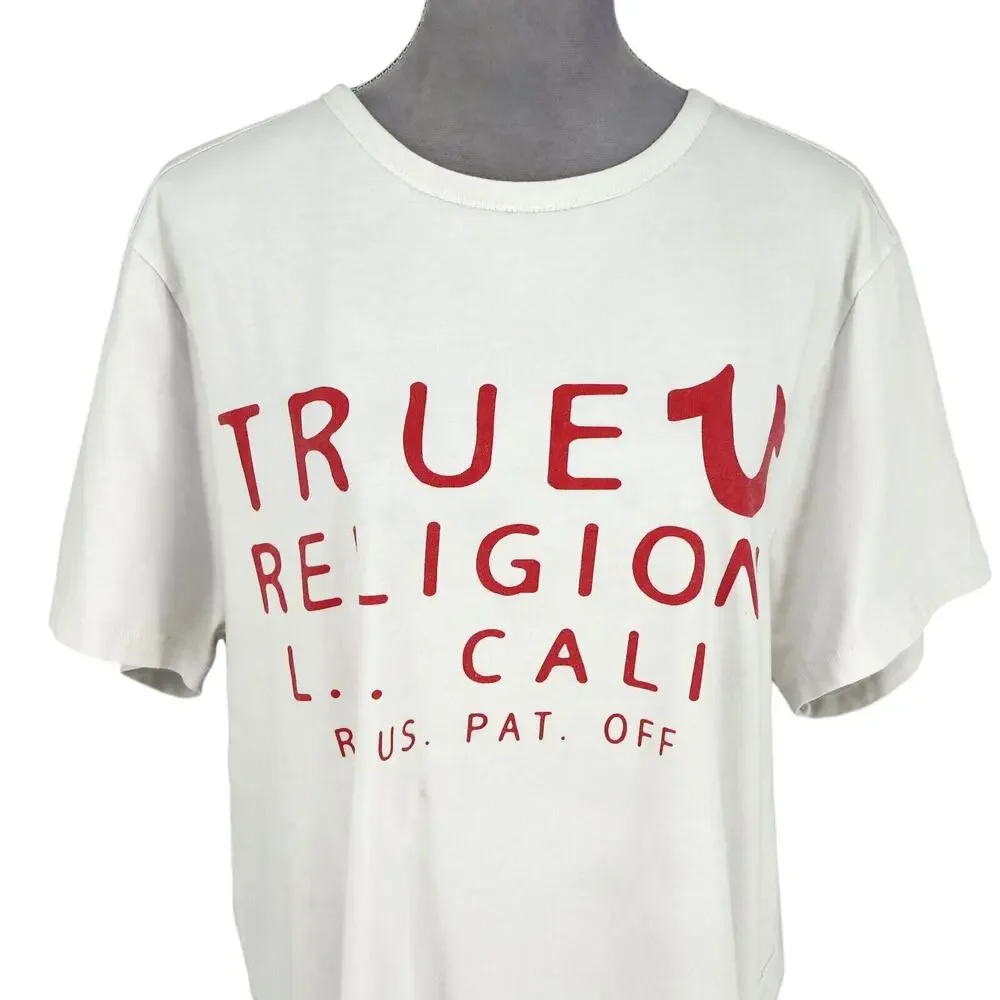True Religion T-shirt Mens 3XL Big Tall White Red Spell Out Faded Small Stains